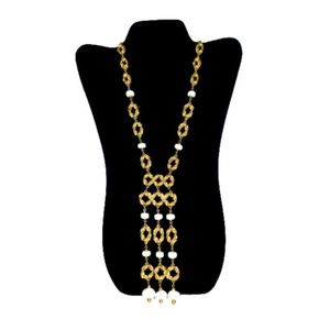 Vtg 70s Gold Tone White Bead Dangle Bib Necklace
